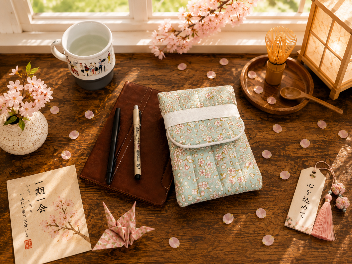 🌸Sakura Morning : Japanese Cotton, mint and pink  Floral, Pen Case
