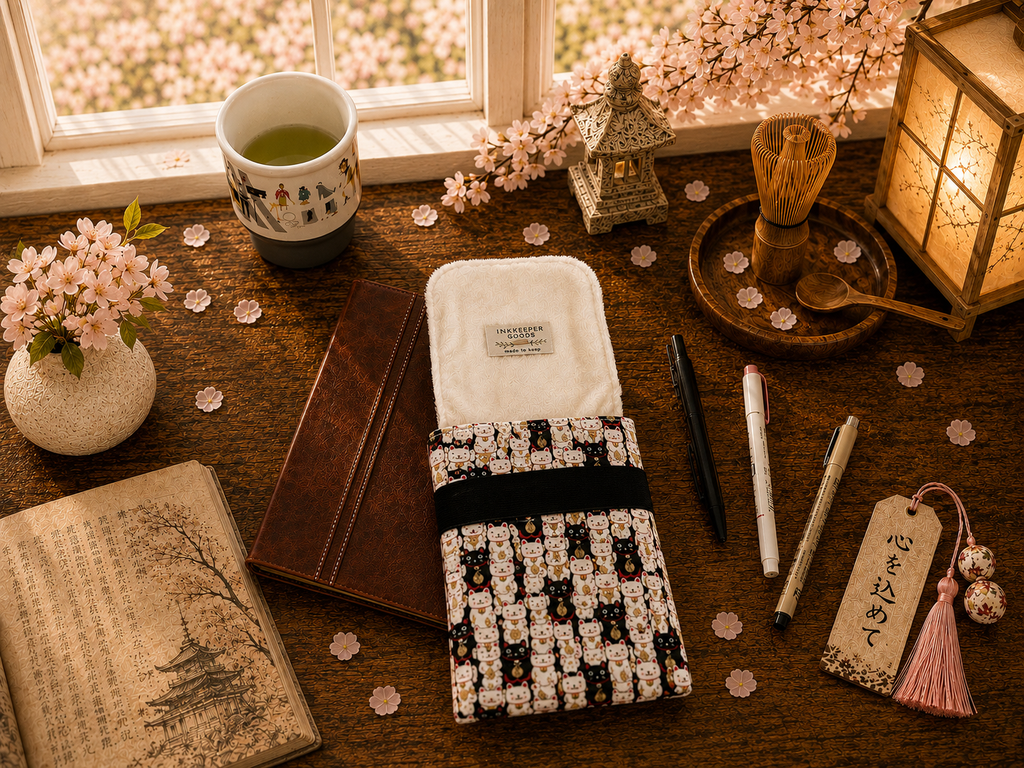 🐱Lucky Cat: Japanese Cotton, , white and black Japanese cats , Handmade Writer's Pen Case