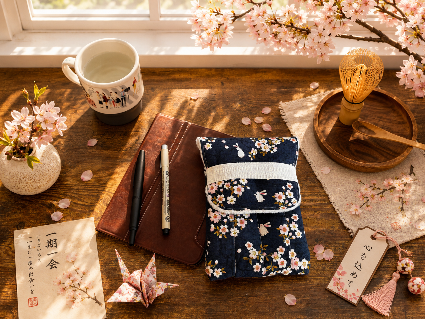 🐇 Sakura Rabbit Pen Pouch: Japanese Cotton, Navy Floral, Handmade Writer's Pen Case