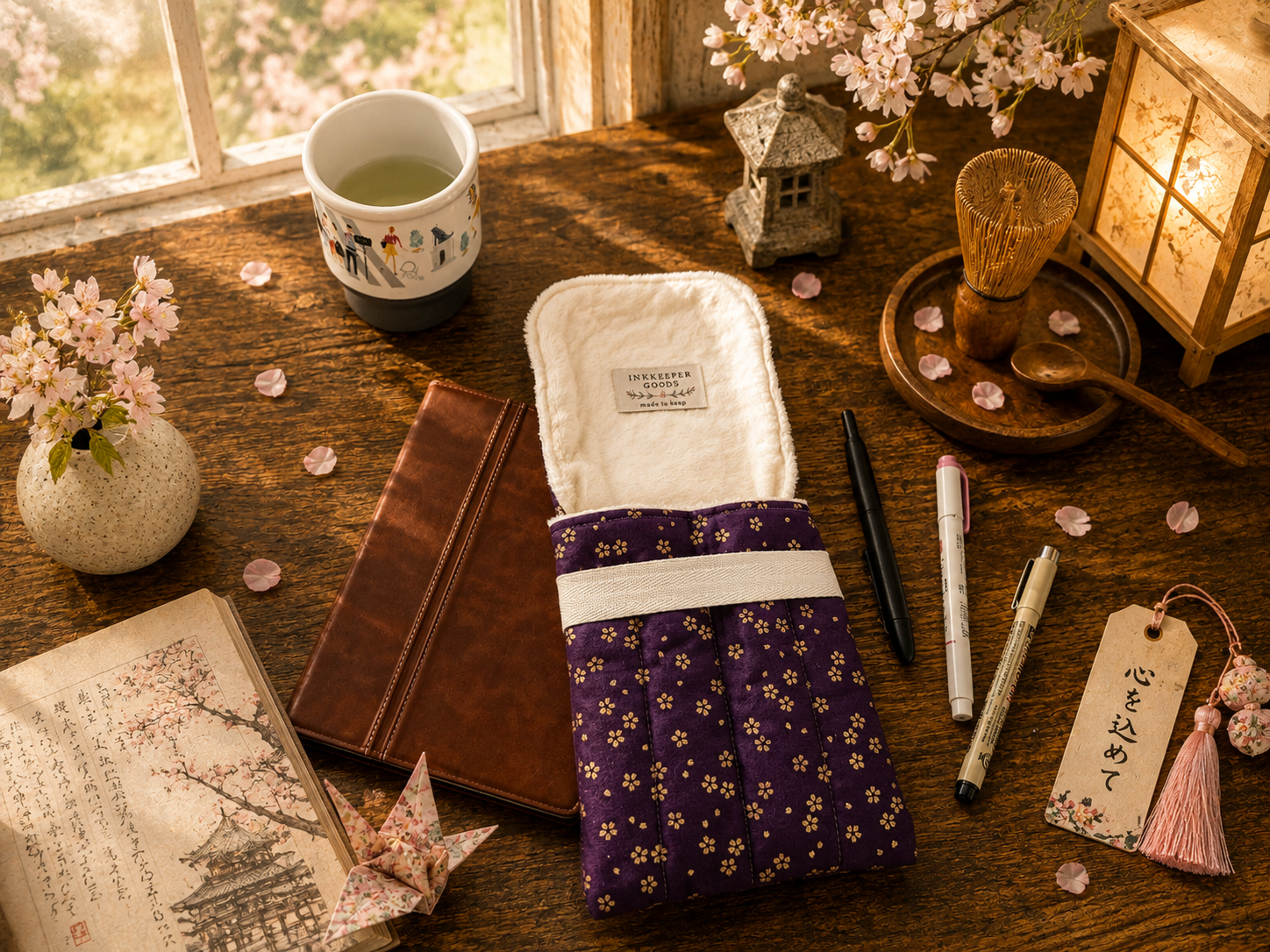 🌸 Plum Sakura Bloom Fountain Pen Case/ Japanese Cherry Blossom/Handmade Journaling & Stationery Holder