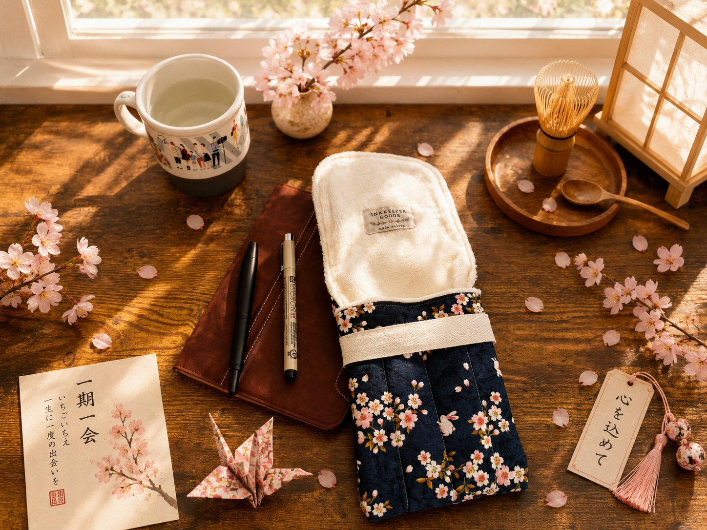 🐇 Sakura Rabbit Pen Pouch: Japanese Cotton, Navy Floral, Handmade Writer's Pen Case